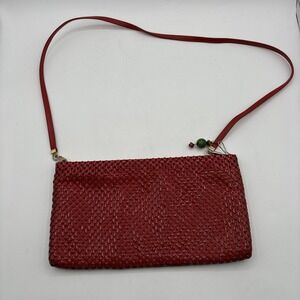 Vtg WHITING‎ and DAVIS Purse Red Metal Mesh Leather Strap Zip Bag